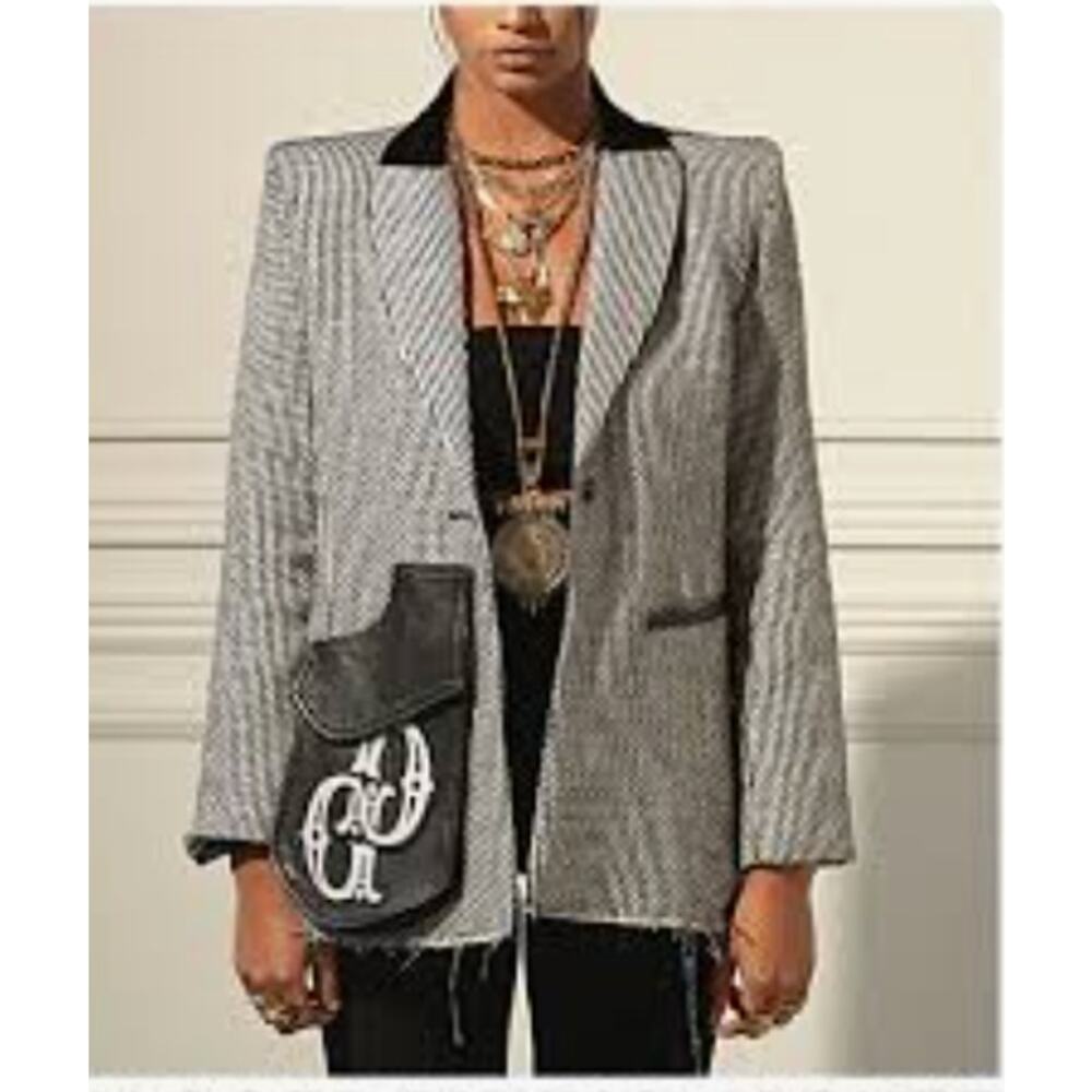 Dylan Lex Jagger Riding Jacket Black White Tweed Velvet Collar Leather Pocket XS